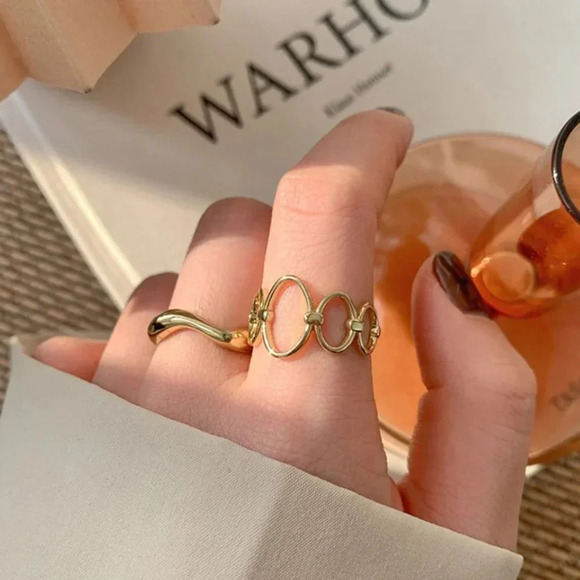 925 Gold Stackable Ring Geometric Oval Link Minimalist Wave Adjustable Ring - Picture 5 of 8